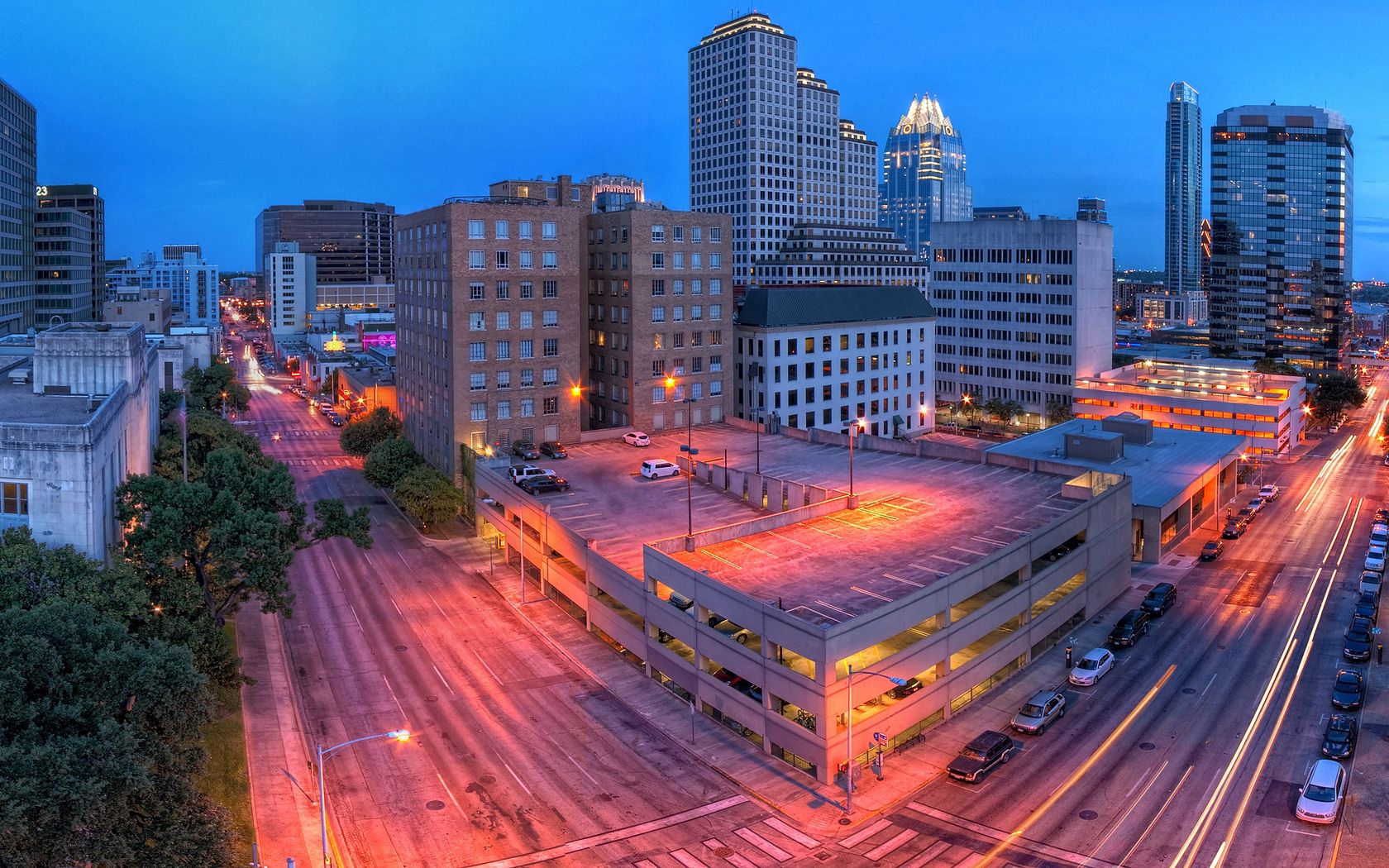 austin, texas, buildings, cars, night, parking