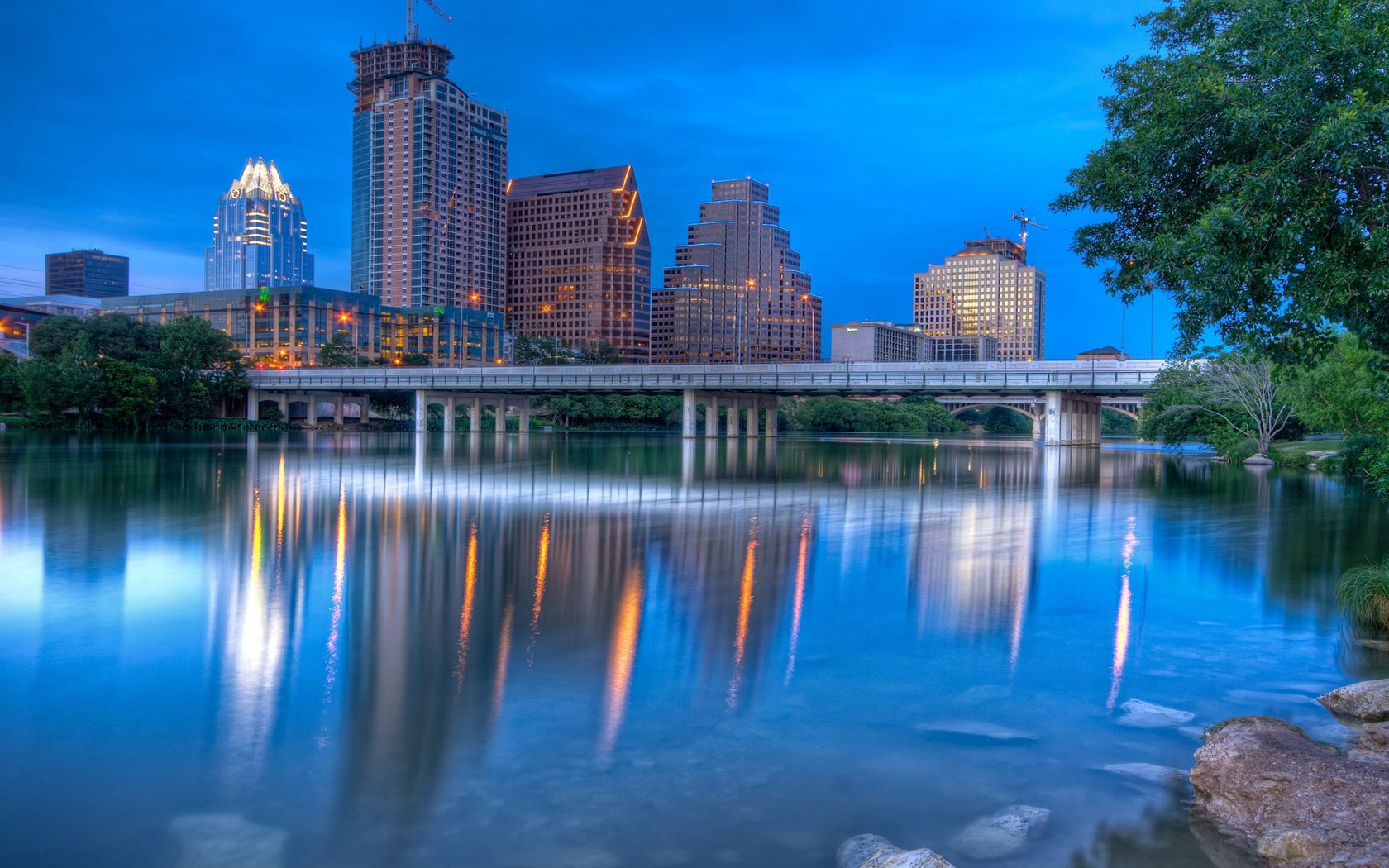 austin, texas, bridge, skyscrapers, trees, hdr