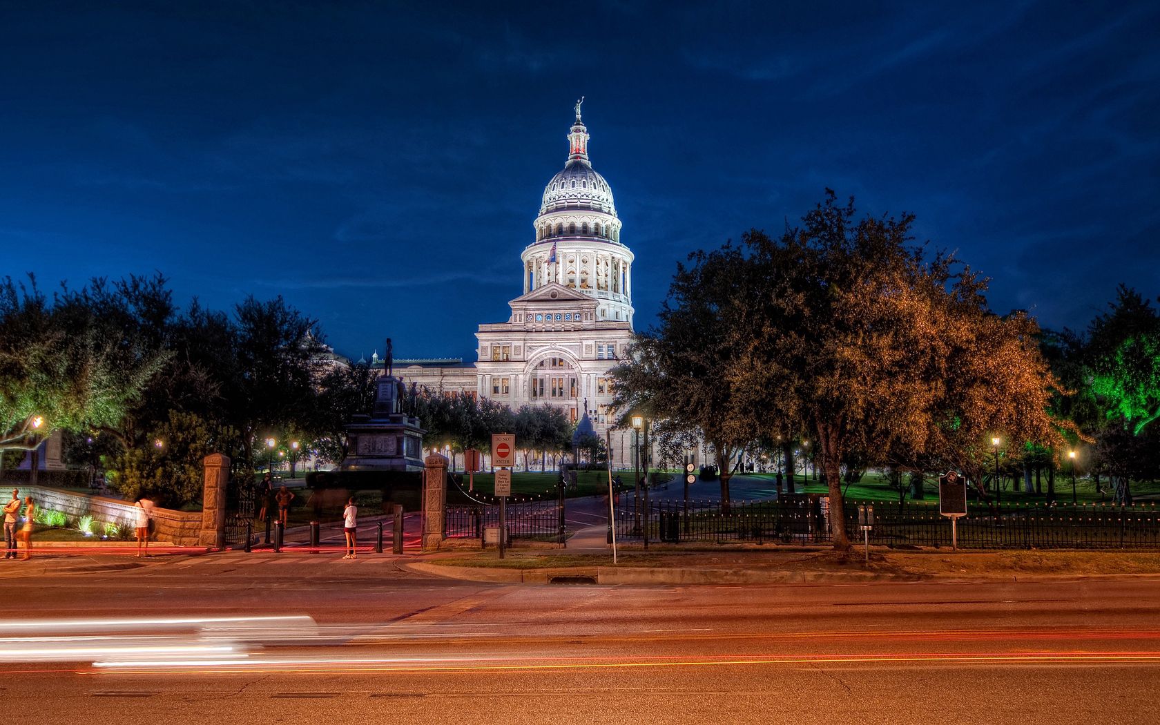 austin, texas, night, road, building, signs