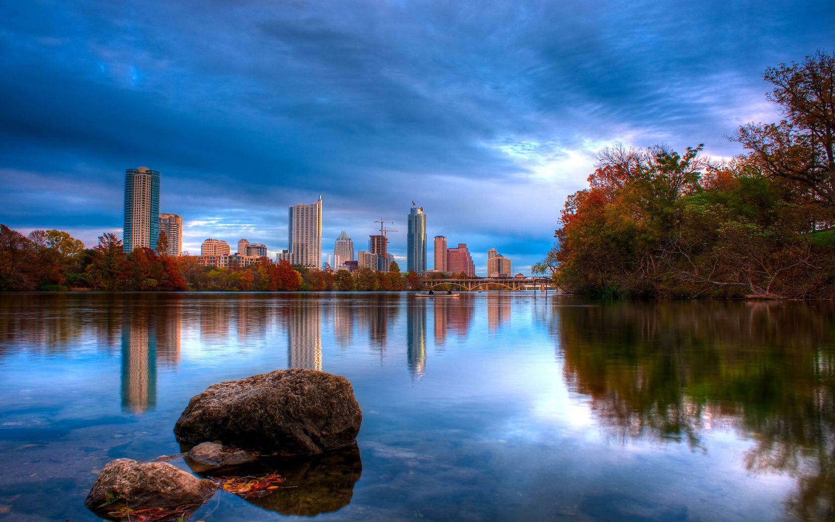 austin, texas, river, rocks, beach, trees, reflection