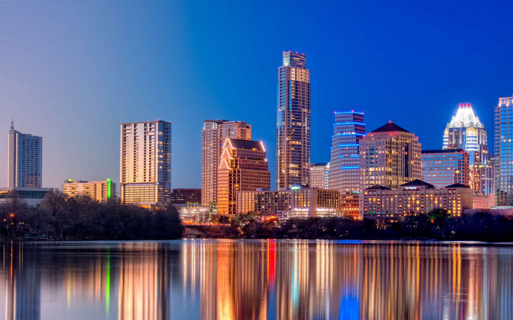 austin, texas, twilight, skyscrapers, reflection, river