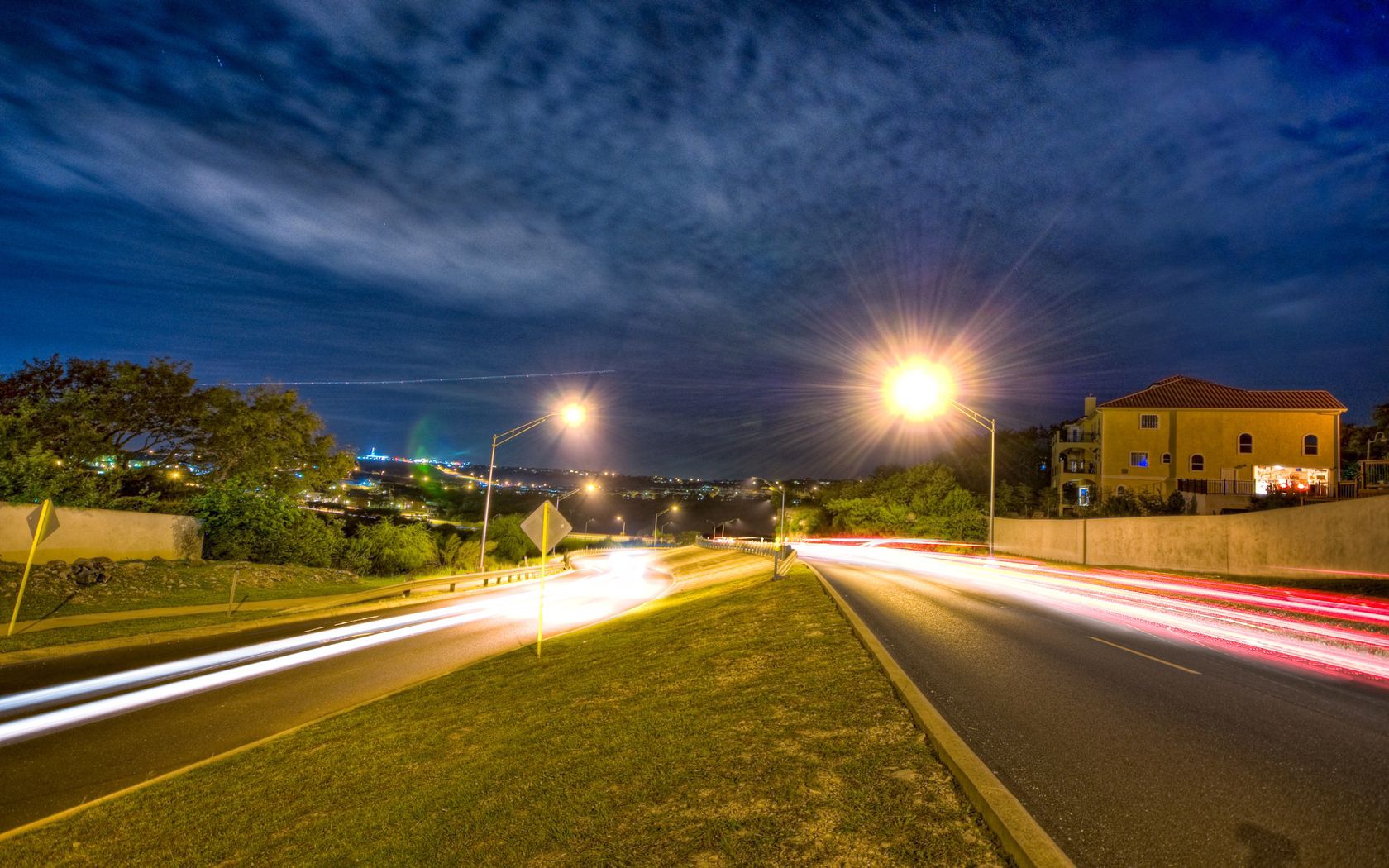 san antonio, texas, road, lights, grass, movement