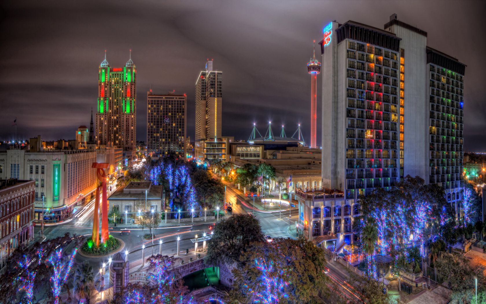 san antonio, texas, night, colorful, trees, city beautification