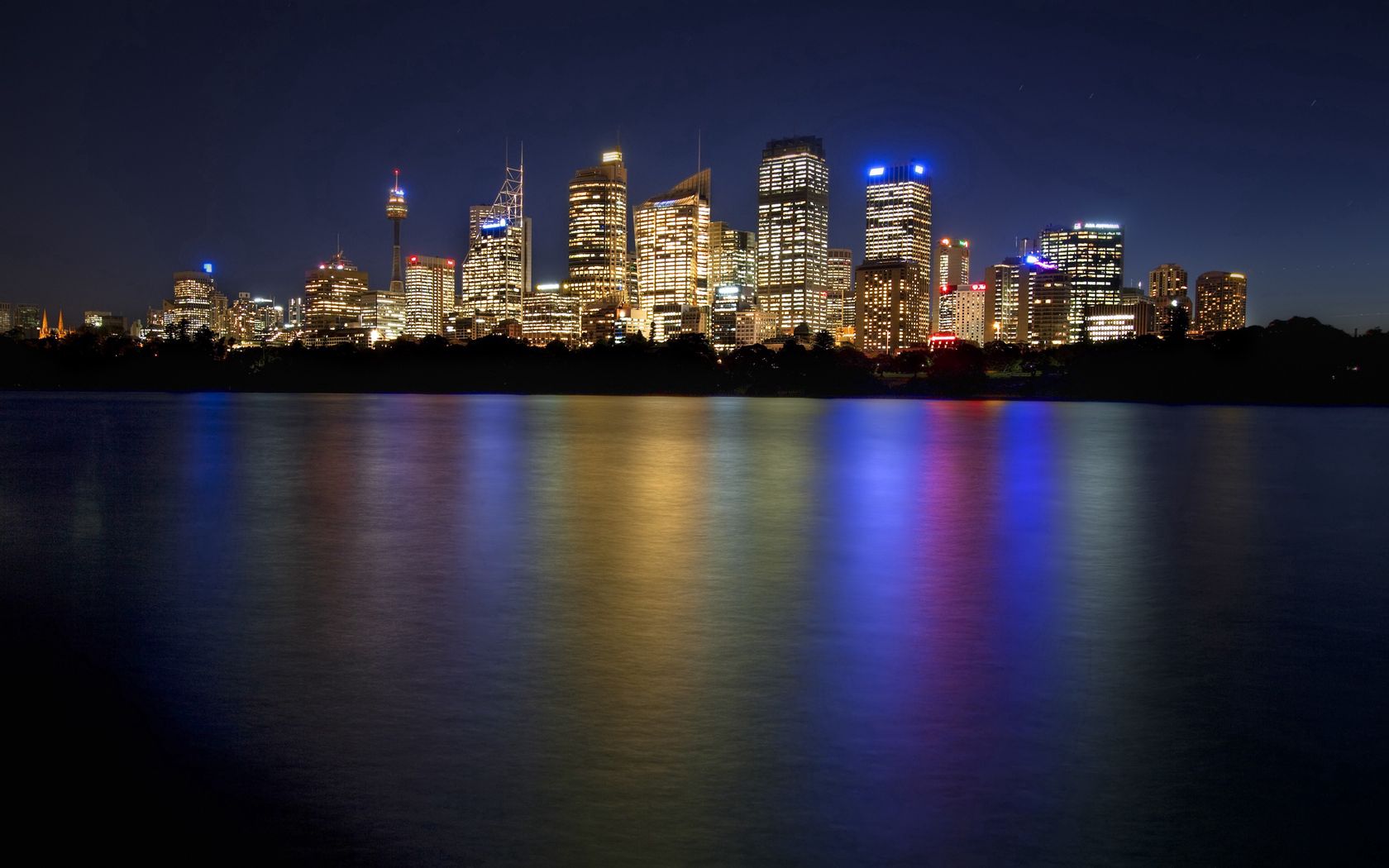 sydney, australia, night, reflection, skyscrapers