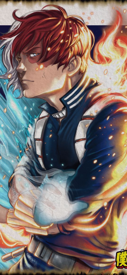 shoto todoroki, my hero academia, anime, hero, fire, ice