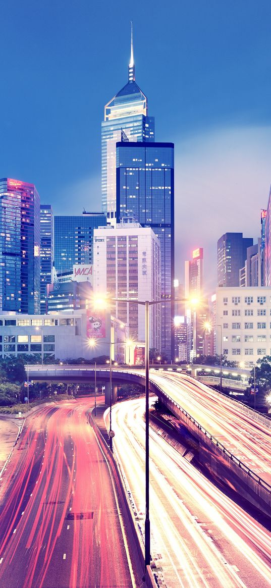 hong kong, lights, evening, metropolis, buildings, skyscrapers, roads, traffic