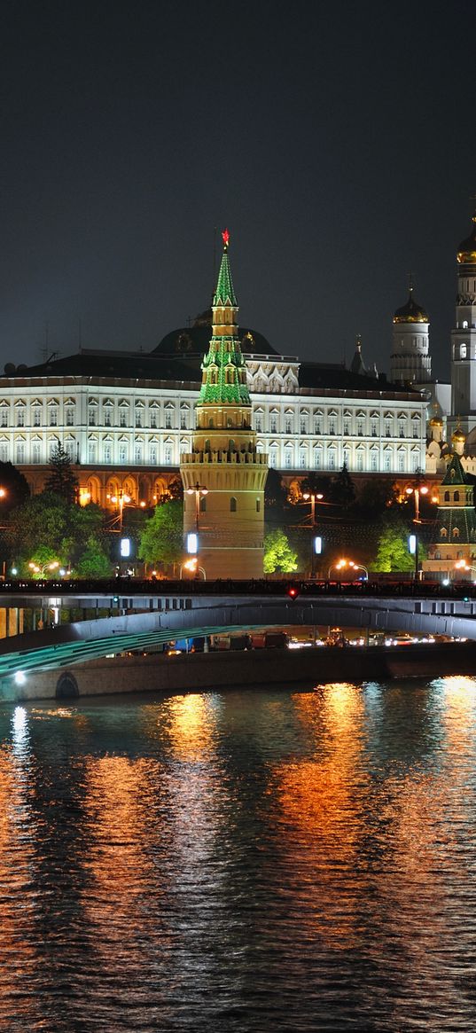 city, moscow, night, lights, bridge, reflection, river