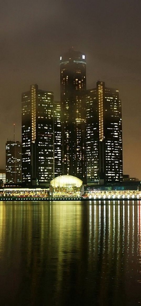 detroit, michigan, usa, america, night, view, lights, skyscrapers, houses, buildings, embankment, mist, reflection, water, metropolis, landscape, bay, sea, ocean