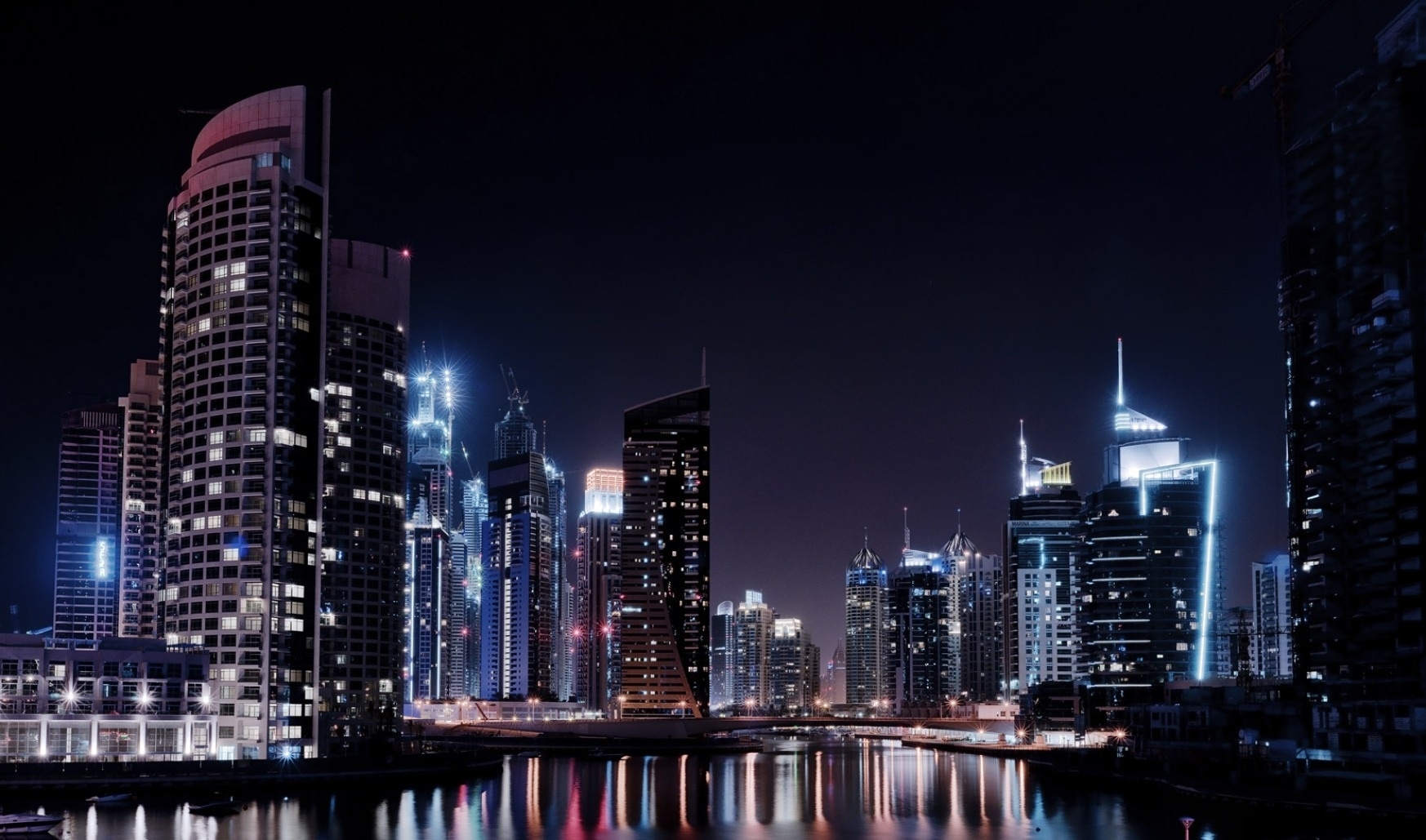 dubai, city, lights, river, night