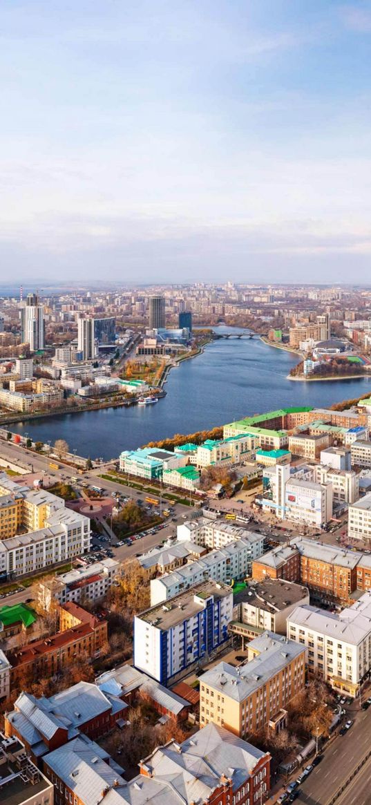 yekaterinburg, panorama, city, street, karl liebknecht, avenue lenina, river iset, houses, bridge, russia, metropolis, ural