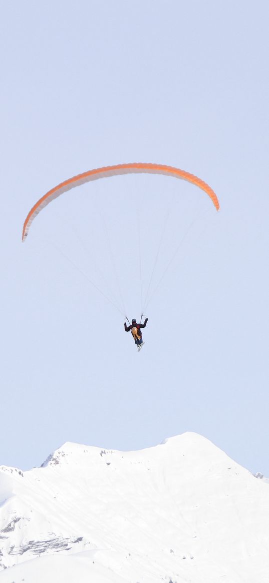 paraglider, man, flight, mountains, minimalism