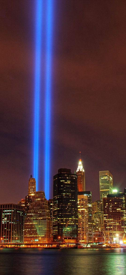 new york, city, memory, lights, spotlights, manhattan, building, night, river, skyscrapers, metropolis, usa