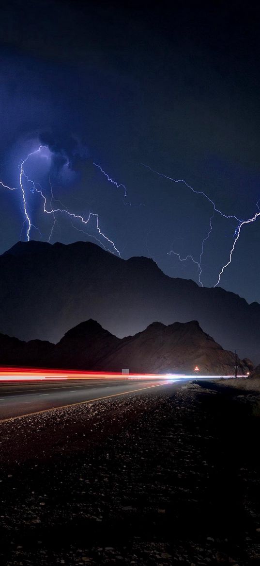 road, savannah, mountain, ray, blue sky, night