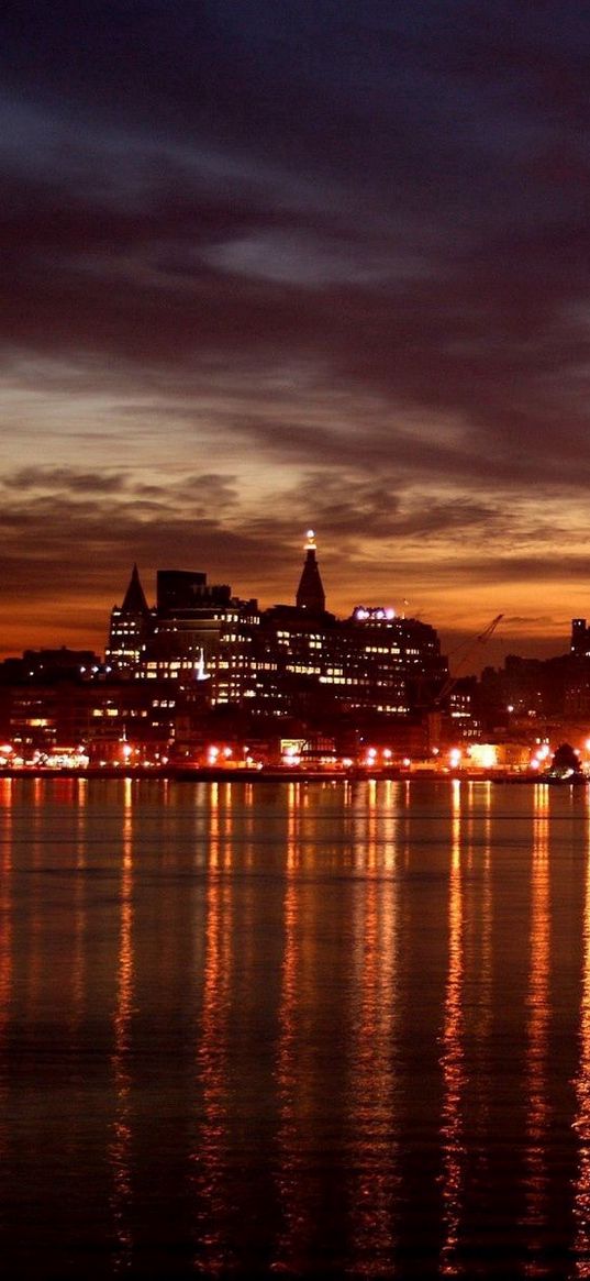 landscape, view, skyscraper, house, building, reflection, night, water, lights, promenade, sky, bay