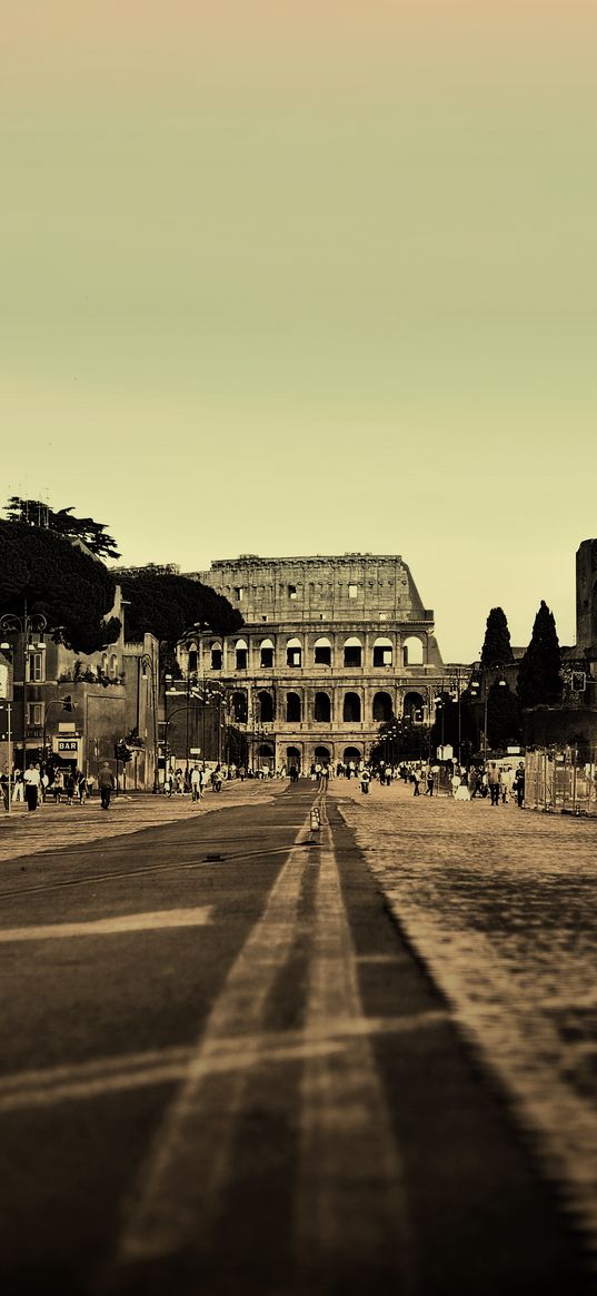 rome, italy, colosseum, city, street, people, road, trees