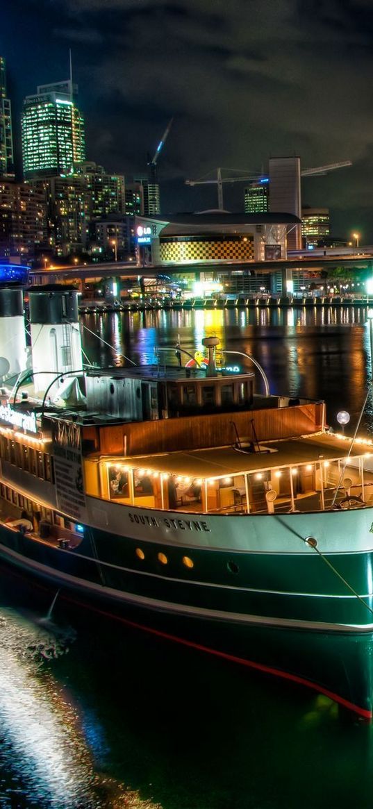 sydney, australia, ship, boat, pier, wharf, city, lights, bridge, building, hdr