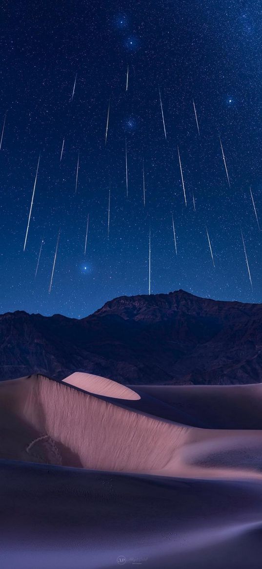 desert, sand, dunes, mountain, blue sky, meteors, rain, stars, night, nature