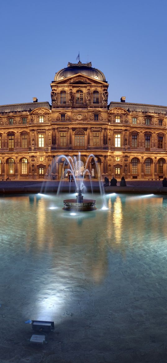 france, louvre, panorama, fountain, lights, evening, attractions