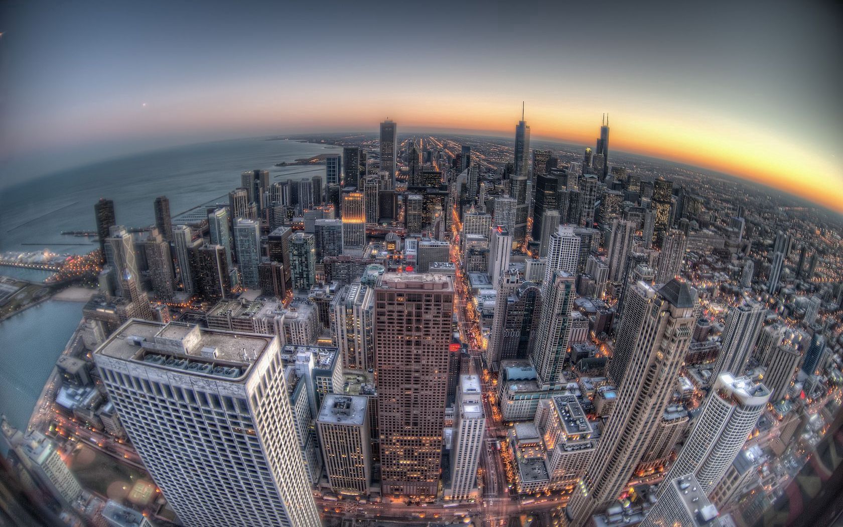 chicago, buildings, skyscrapers, sunset, fisheye