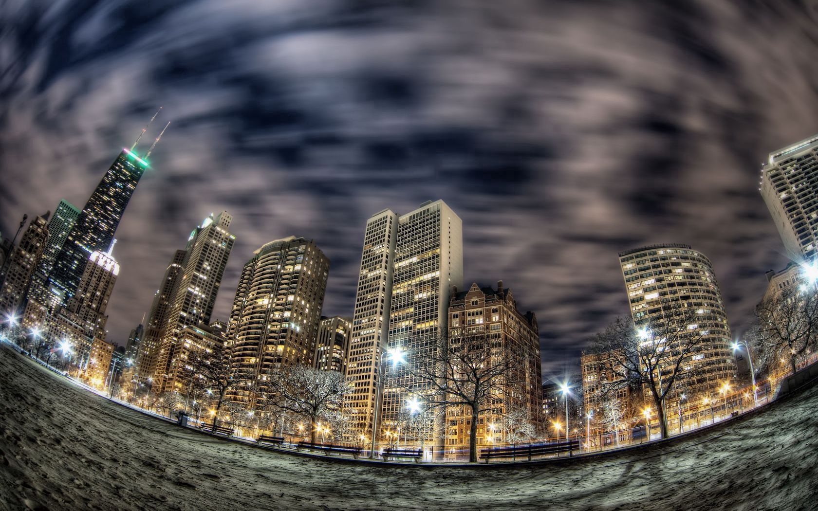 chicago, buildings, skyscrapers, night, city, lights, fisheye