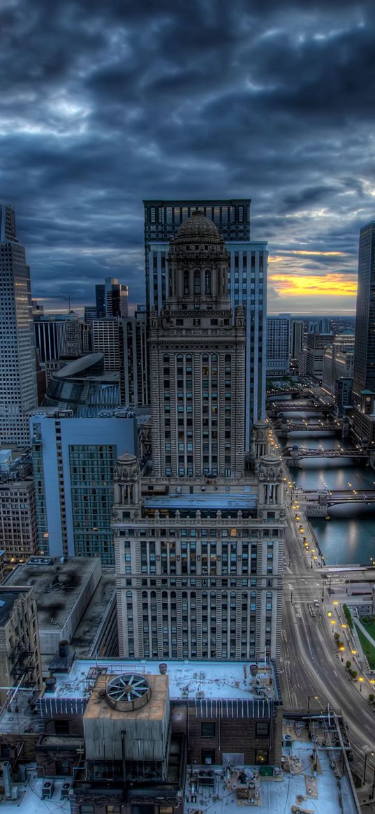 chicago, buildings, skyscrapers, river, bridge, hdr