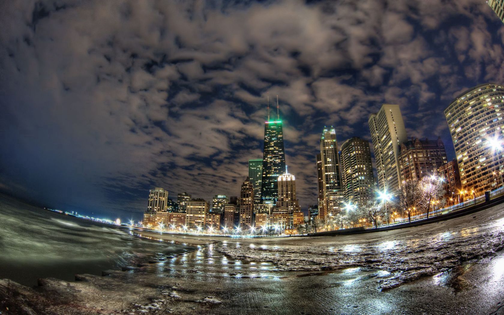 chicago, coast, buildings, skyscrapers, lights, night city, ocean, fish eye