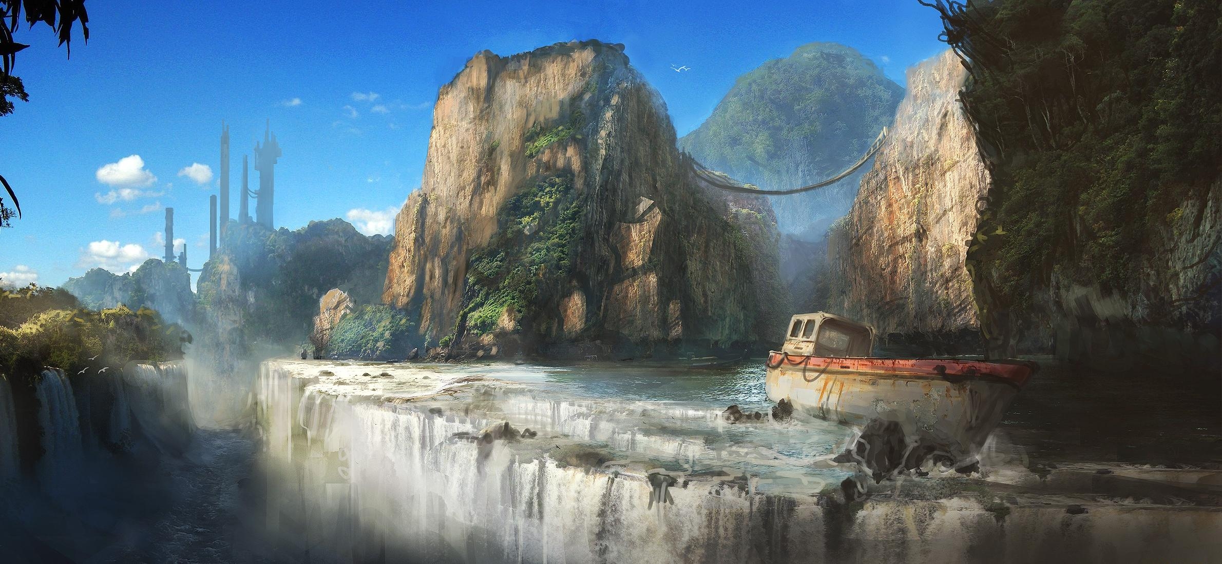 ship, rock, cliff, waterfall, skyscraper