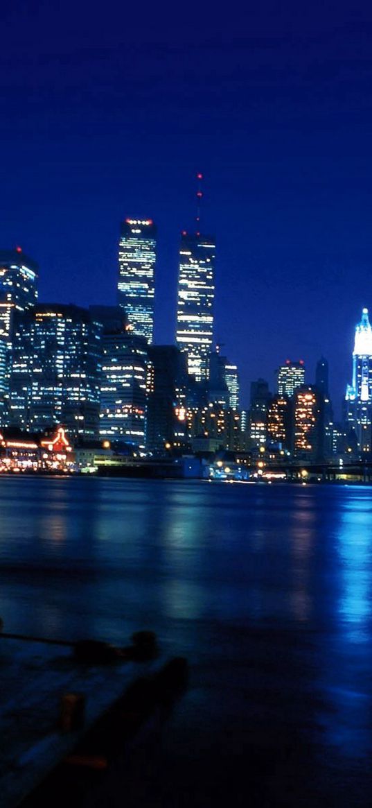 twin towers, new york, world trade center, skyscrapers, river, bridge, night, city, manhattan