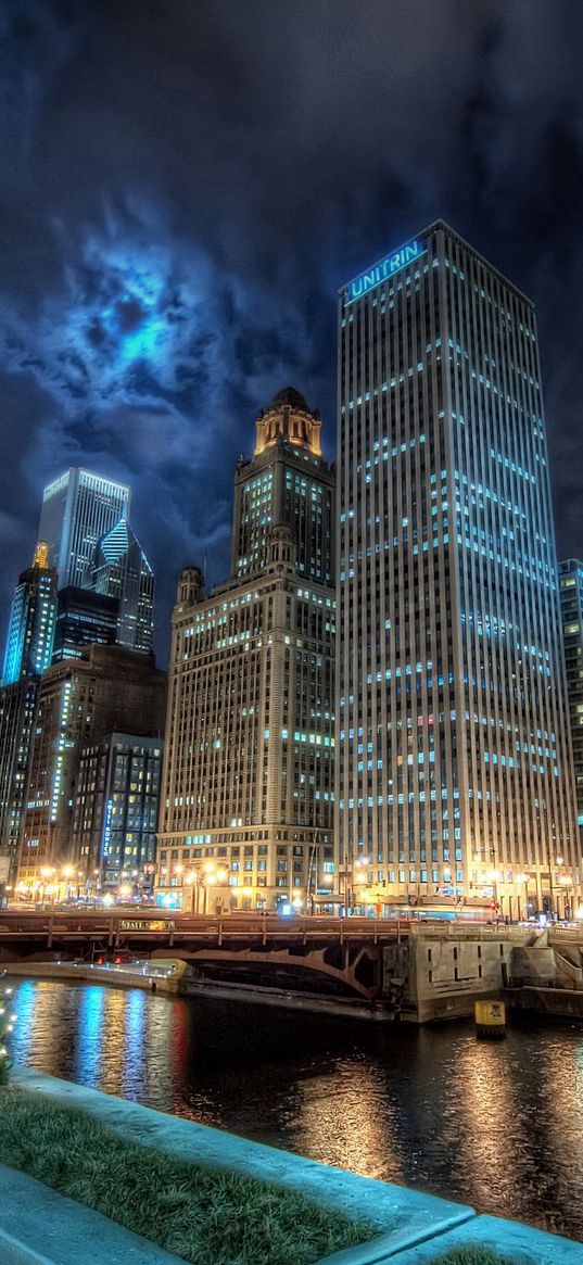 city, chicago, channel, water, lights, reflection, night, america, united states, states