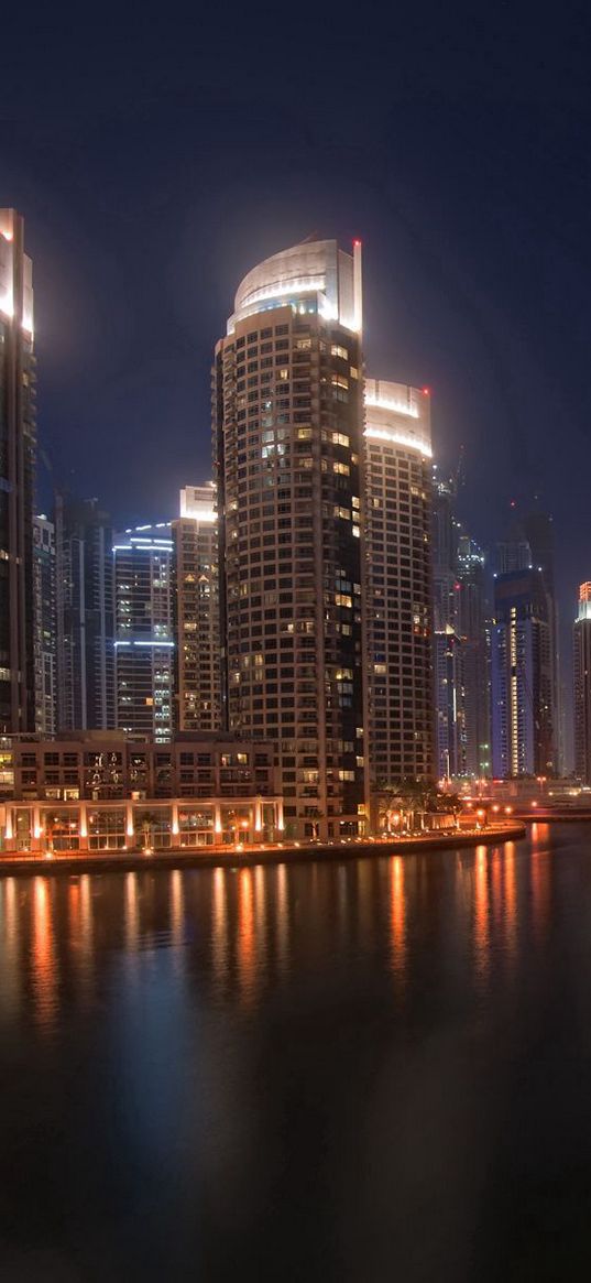 dubai, city, skyscrapers, water, night, lights