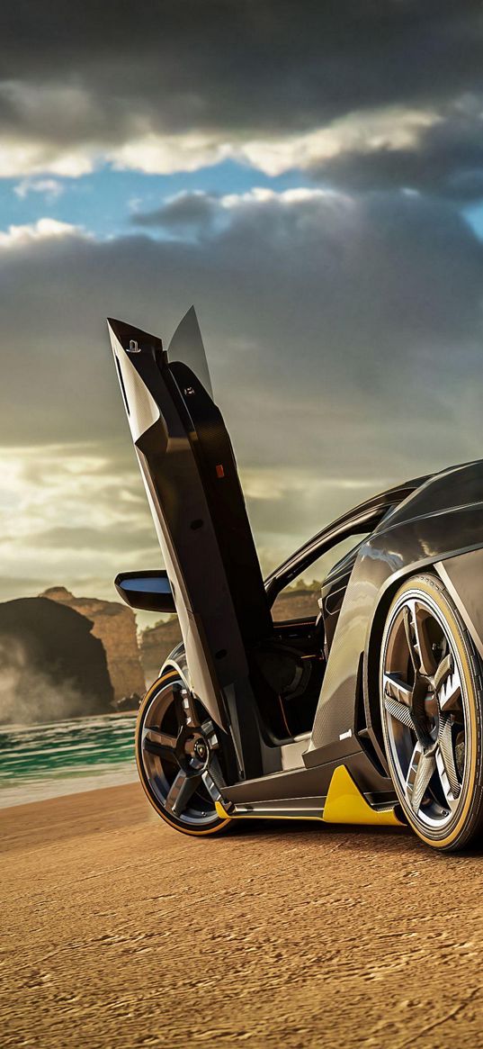 forza horizon 3, game, racing, lamborghini, sports car, car, sand, beach, sea, rocks, clouds, sky, poster