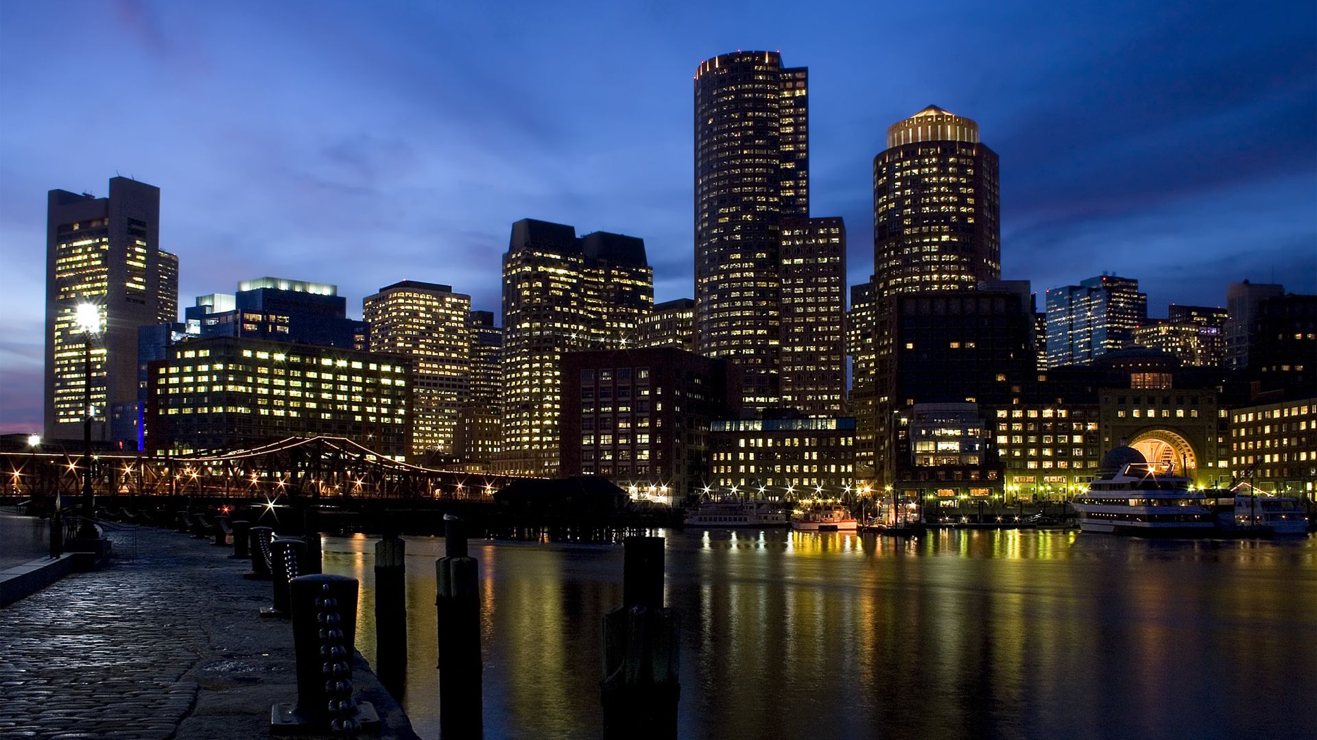 los angeles, buildings, night, river, shore