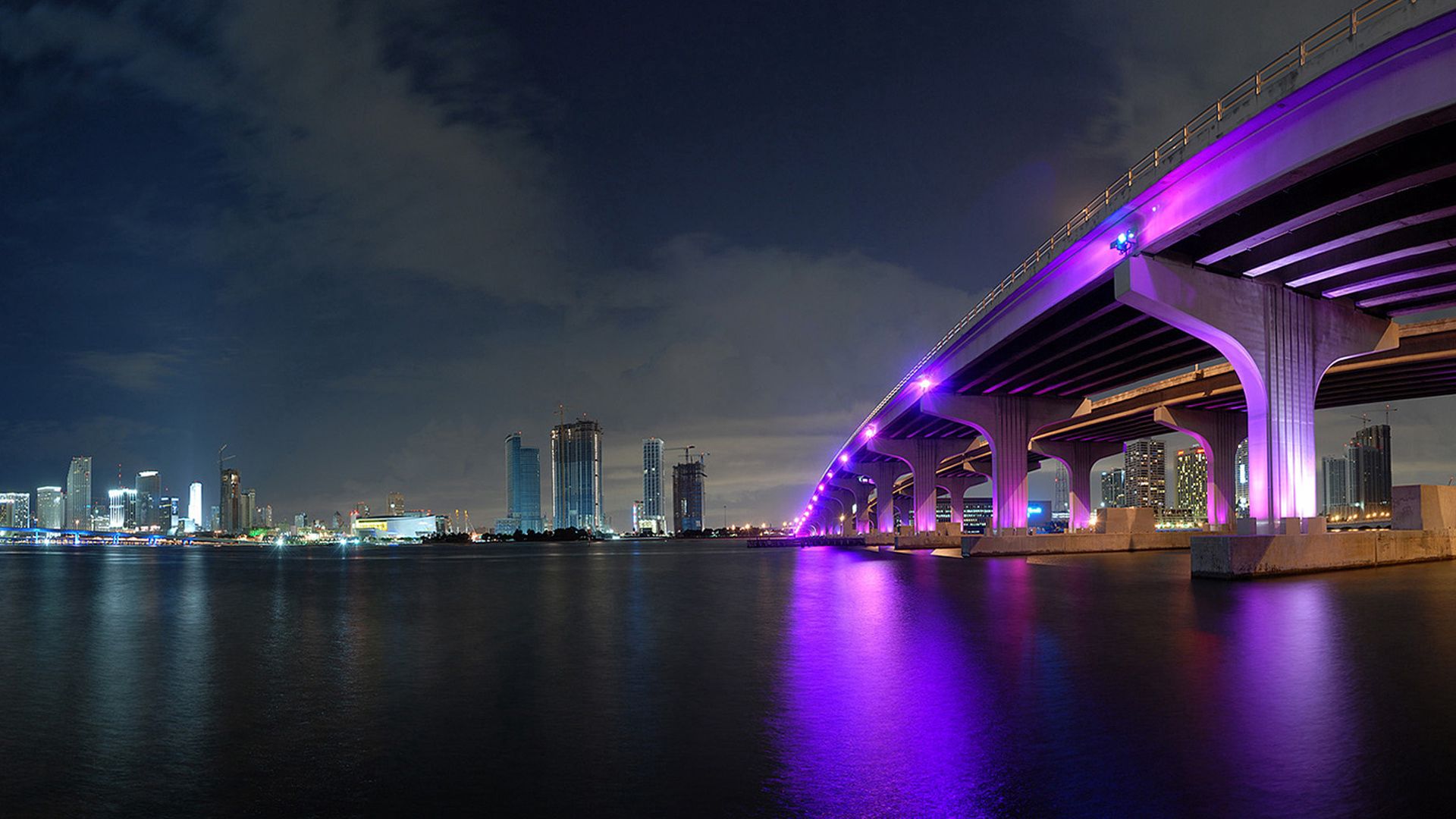 miami, night, bridge, building, ocean