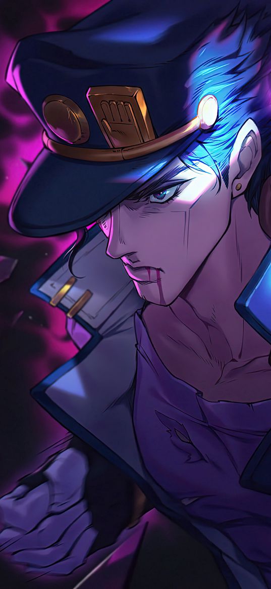 jotaro kujo, jojo's bizarre, anime, guy, cap, abrasions, strong, glow, dark background, art