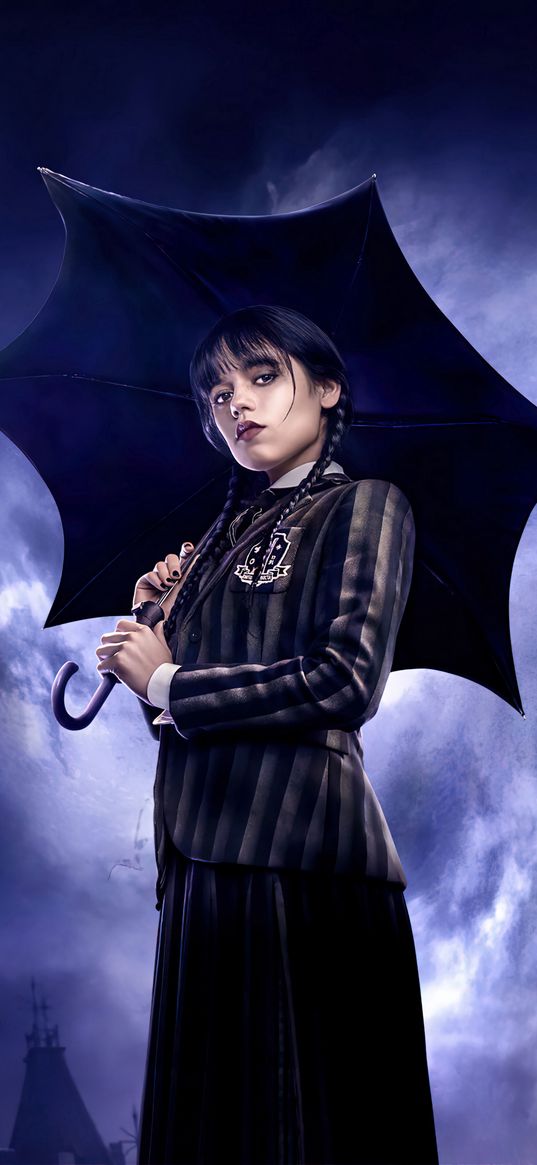 wednesday, jenna ortega, addams family, tv series, netflix, girl, umbrella, gothic, clouds, poster