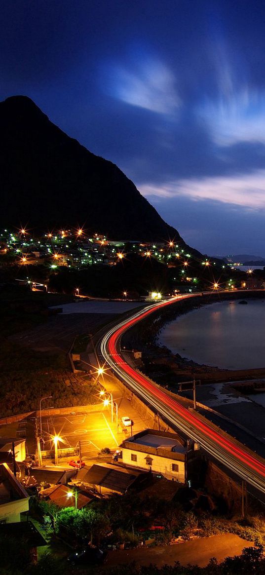 night, hill, road, ocean, beach