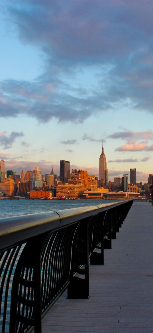 new york, city, night, water, sunset, skyscrapers, embankment