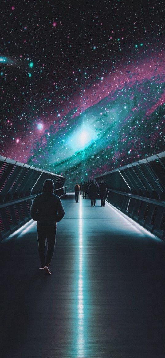 man, people, crowd, bridge, galaxy, stars, universe, cosmos, fiction, art