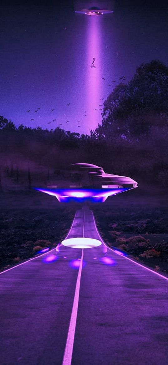 ufo, flying saucer, road, trees, forest, night, purple, fiction, art