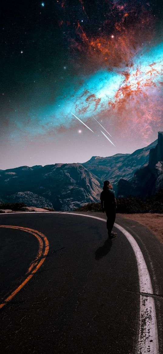 guy, skateboard, road, mountains, nebula, comets, space, fiction, art