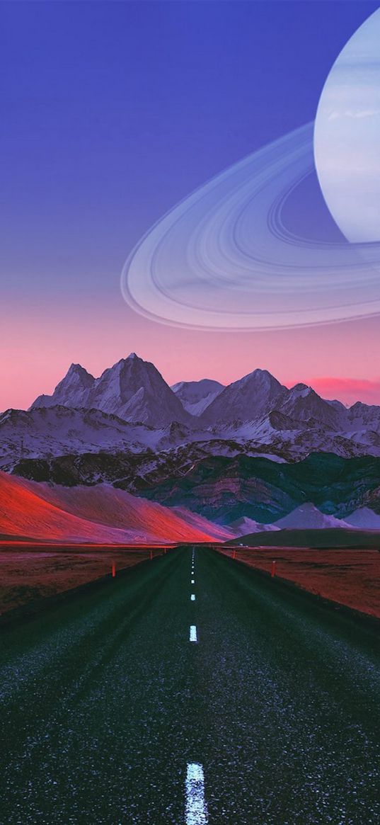 road, savannah, mountains, sunset, saturn, sky, fantasy, nature