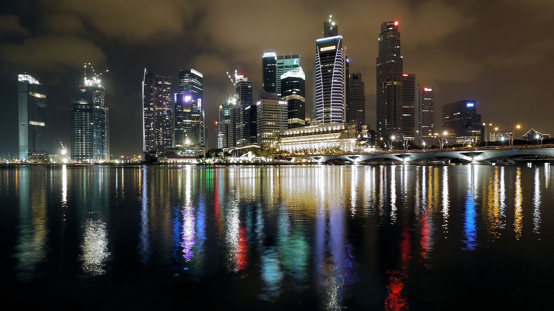 singapore, night, building, reflection, colorful