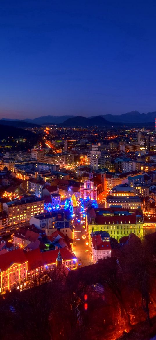 dusk, evening, lights, home, castle, mountains, alps, christmas, slovenia