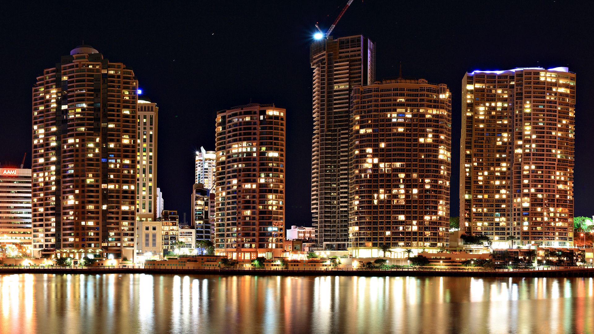 croatia, skyscrapers, buildings, night, light, river