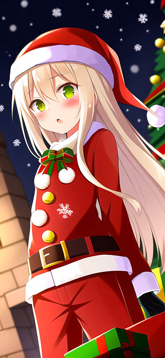 girl, blush, santa claus, hat, anime, new year, christmas