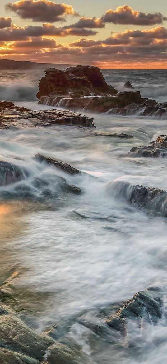 rocks, stones, reefs, sea, waves, sunset