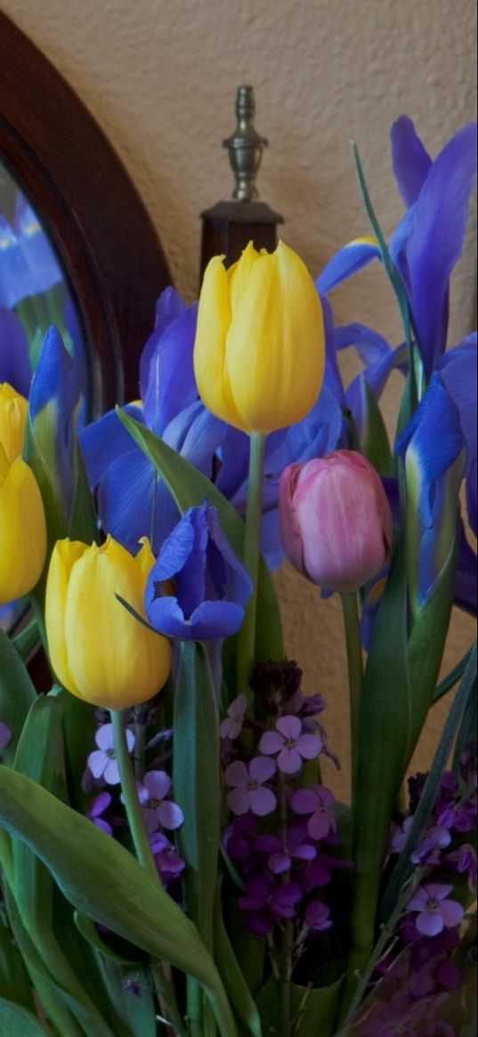 irises, tulips, mattoila, flowers, bouquet, mirror, reflection