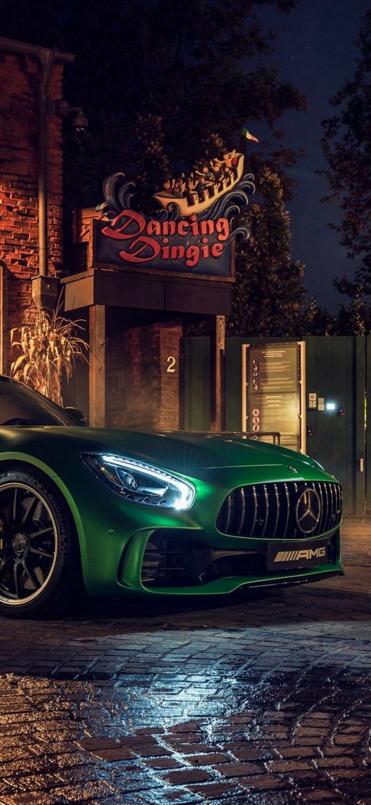 mercedes amg, mercedes, sports car, car, green, building, entrance, night