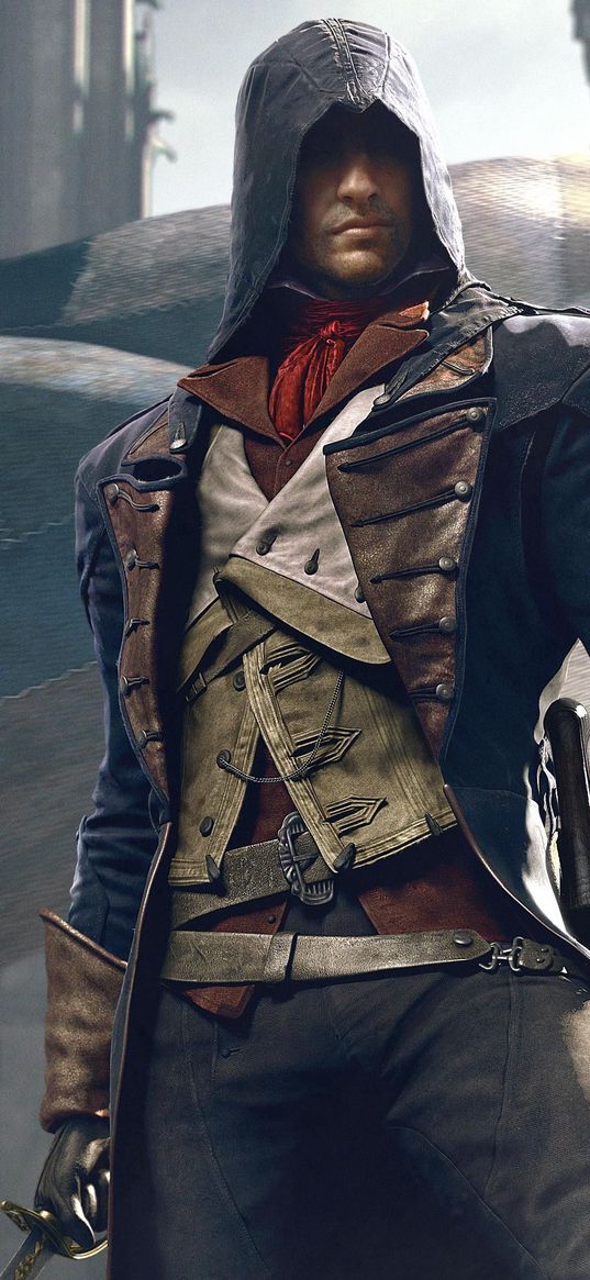 arno victor dorian, assassin's creed, unity, game, assassin, hood, sword, flag, art