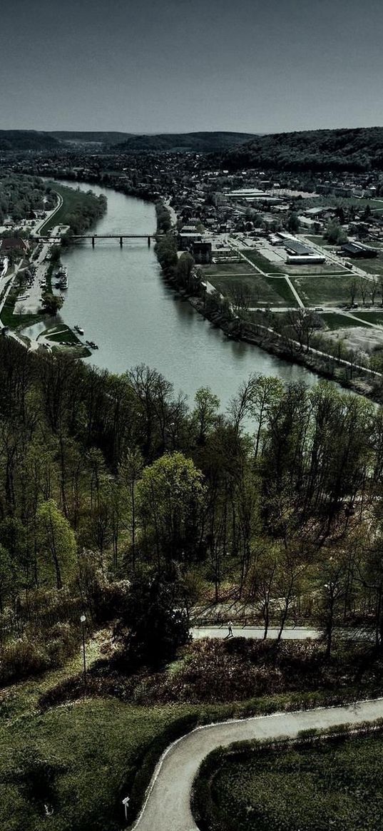 city, from above, gloomy, bridge, settlement, colors